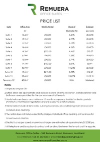 Remuera Office Suites - Price List